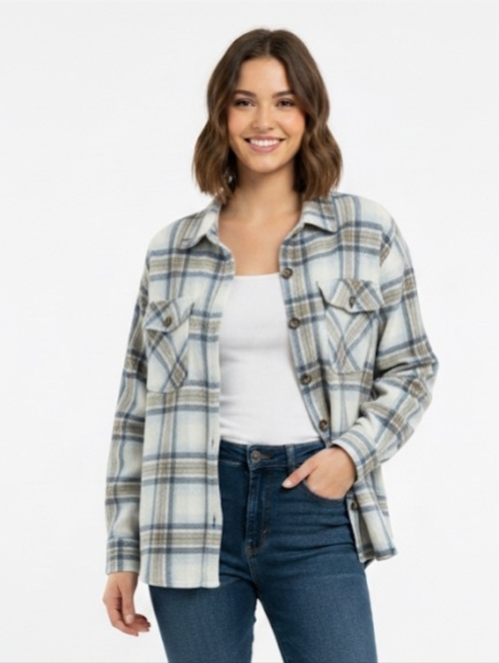 🔥2 for$20 -CHEROKEE Plaid Button-Up Nubby Knit Shirt Jacket M 23” p2p Cream EUC